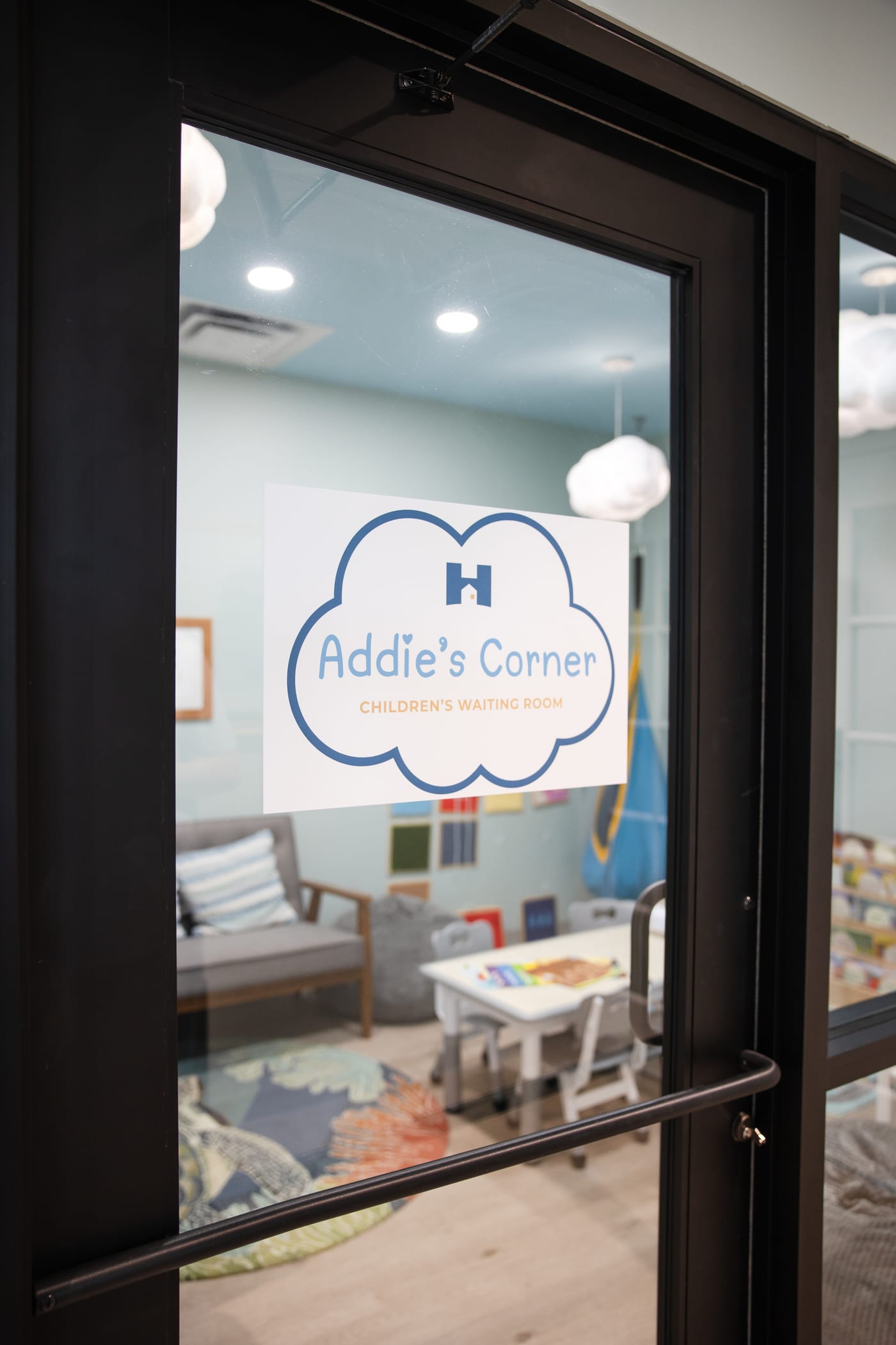 Addie's Corner, the children's waiting room at Hope, seen through the glass door