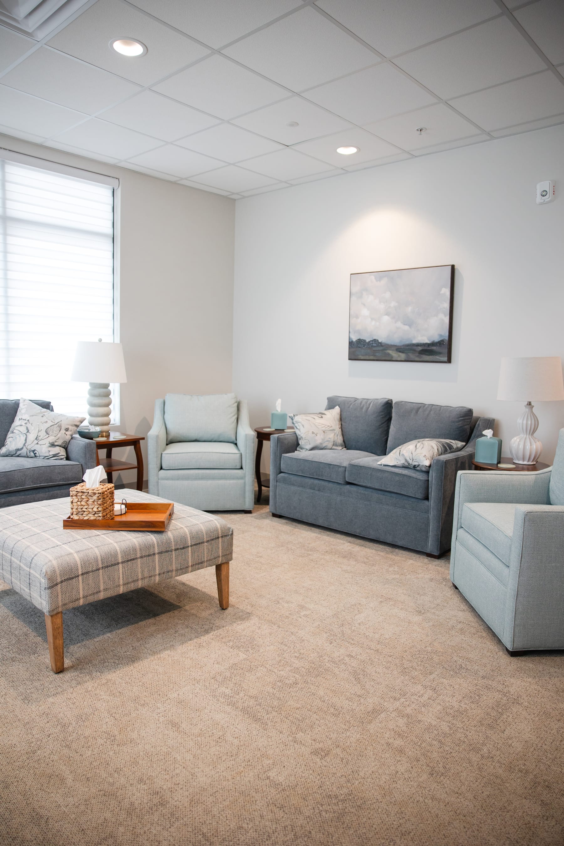 The waiting room at Hope Mental Wellness Center, with soft blue armchairs and sofas around a low table